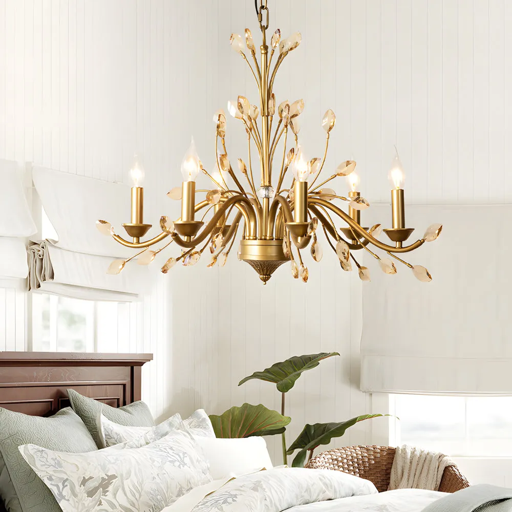 6/9-Light Brass Branch Candle Vintage Chandelier with Crystal Accents