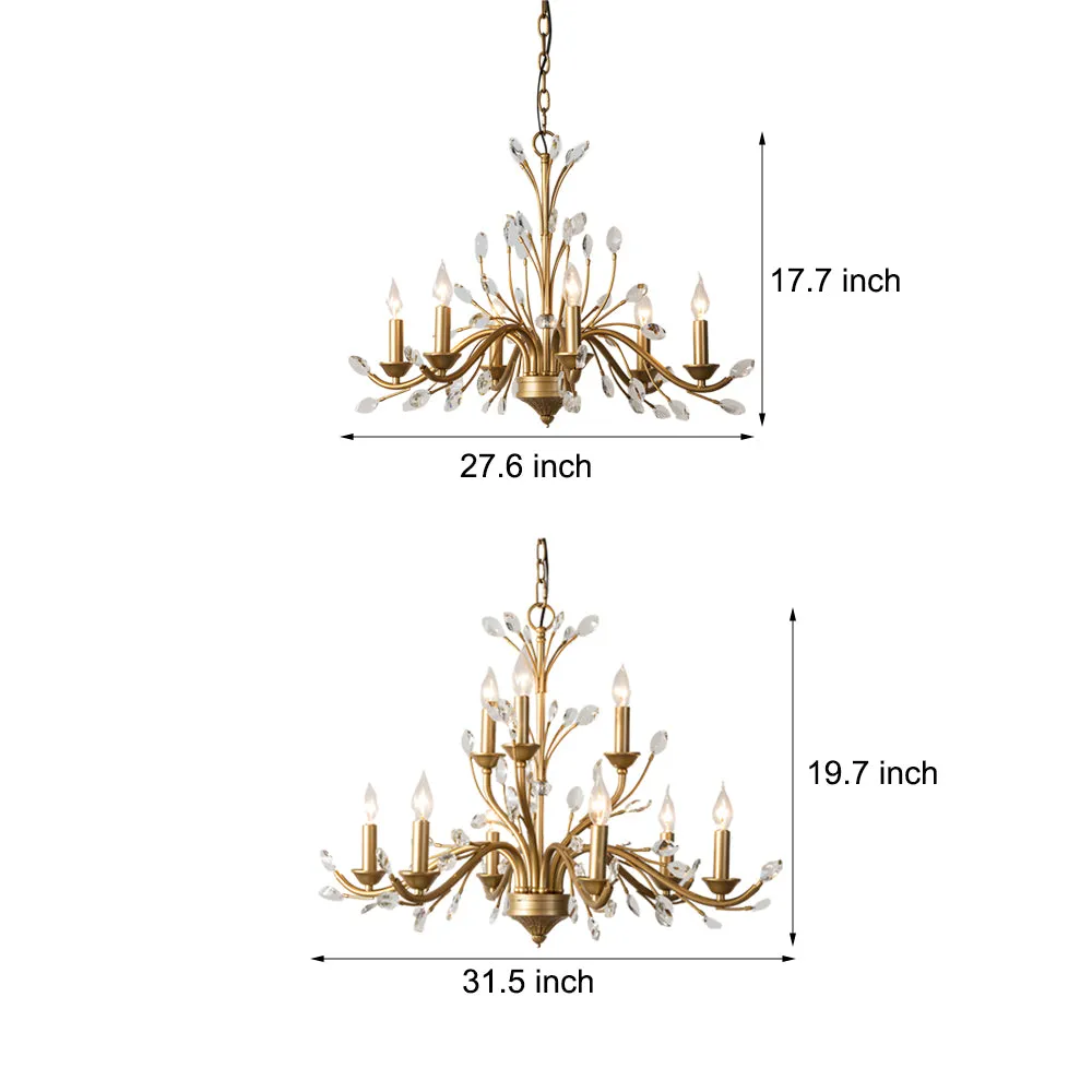 6/9-Light Brass Branch Candle Vintage Chandelier with Crystal Accents