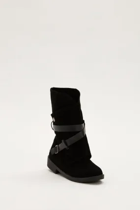 Black Buckle Detail Slouch Boots