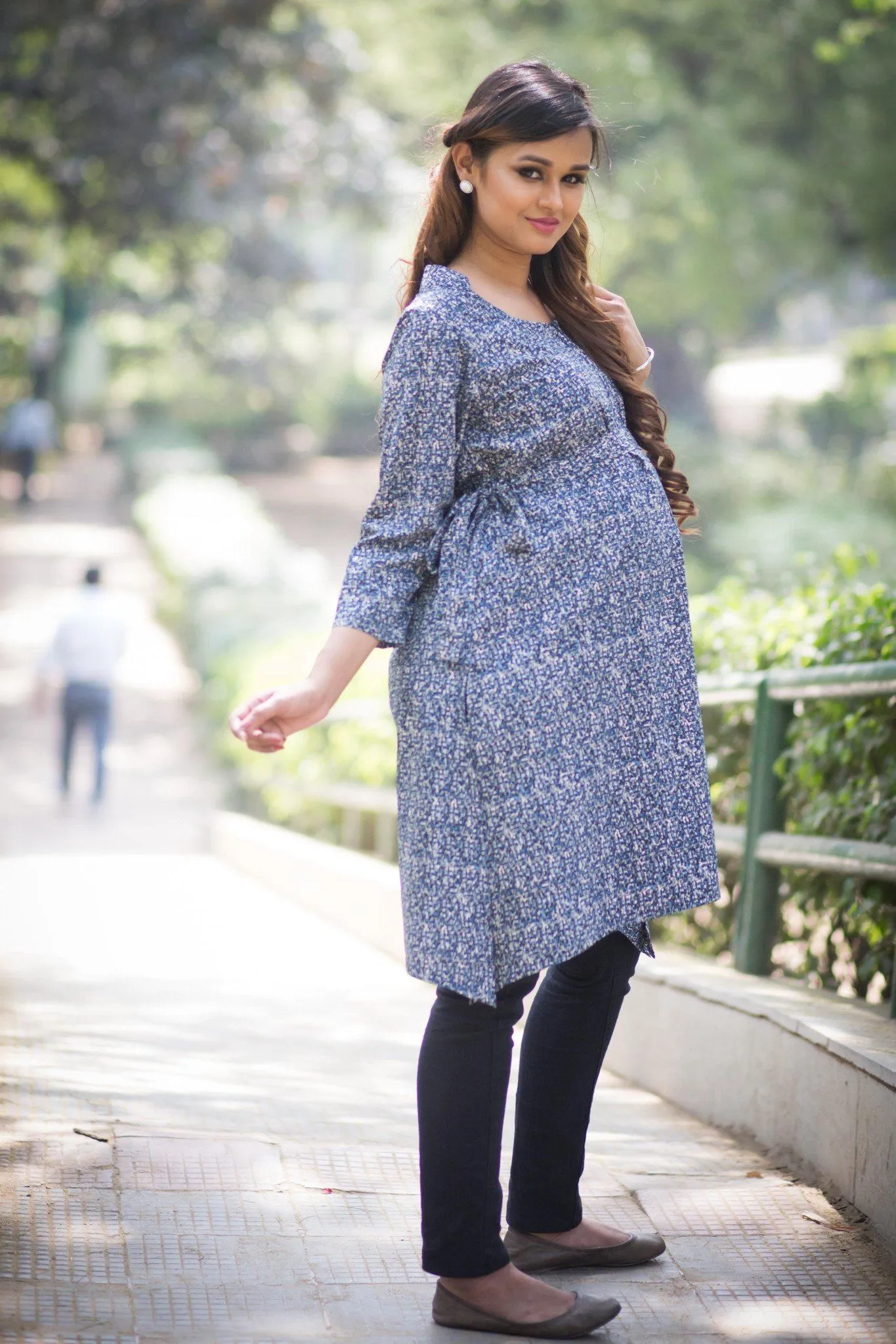 Blue Mesh Front Zip Maternity and Nursing Kurta