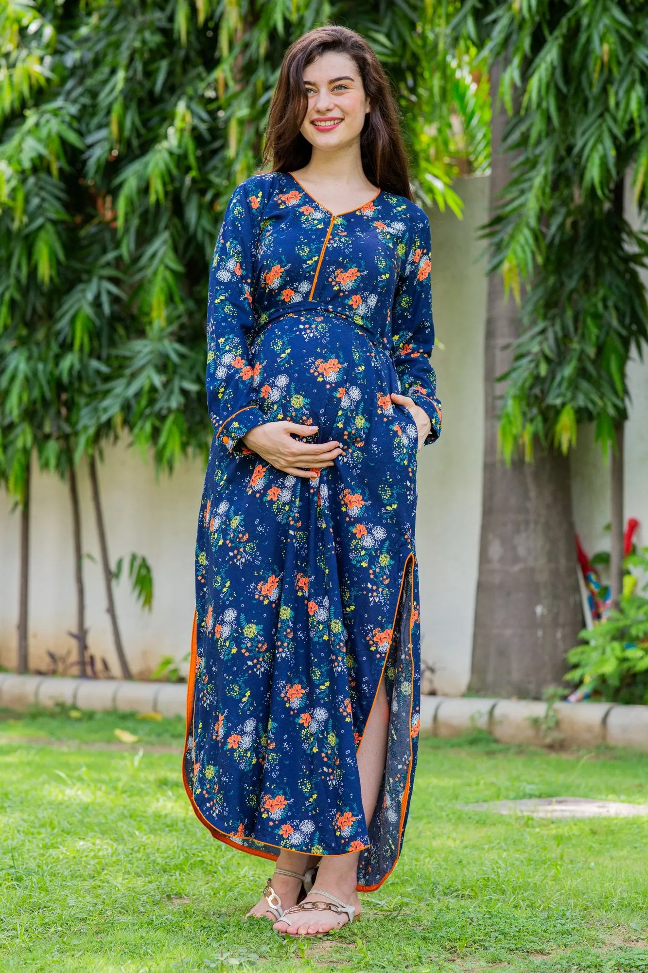 Blue Paisley Slit Concealed Zips Maternity & Feeding Dress