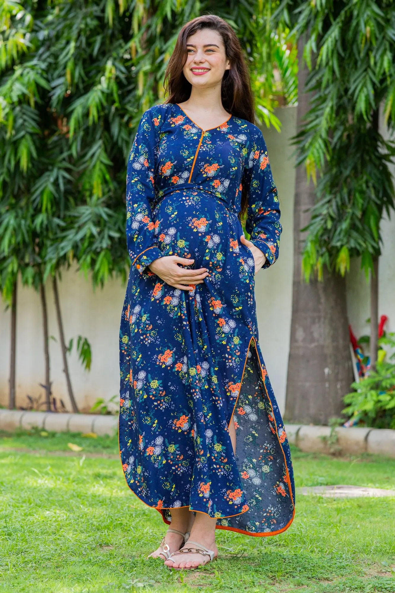 Blue Paisley Slit Concealed Zips Maternity & Feeding Dress