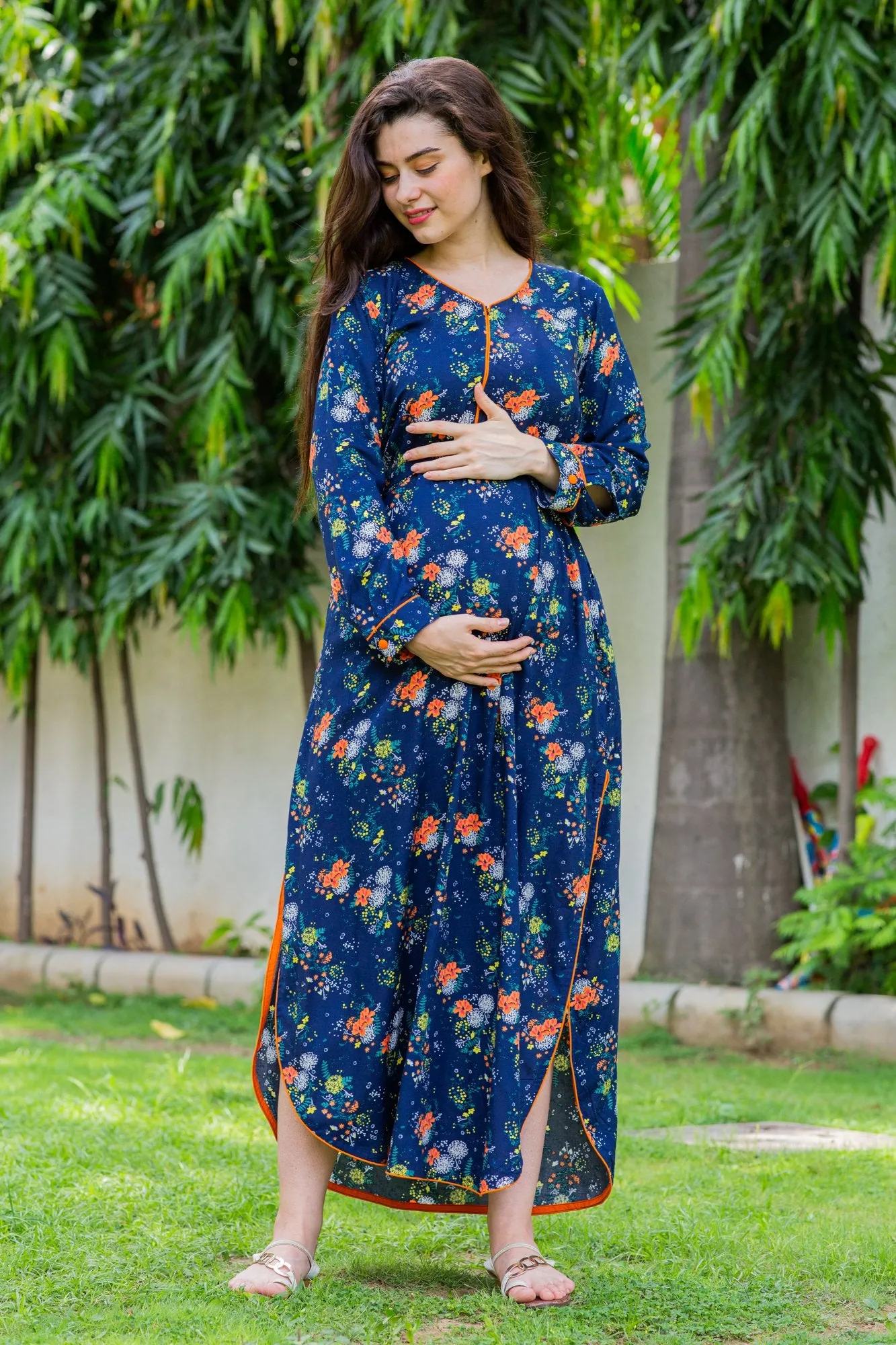 Blue Paisley Slit Concealed Zips Maternity & Feeding Dress