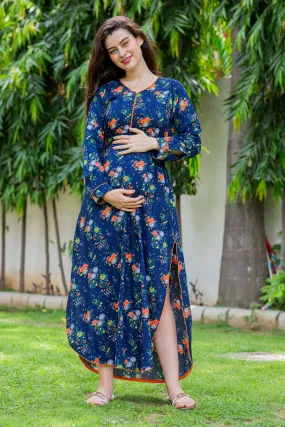 Blue Paisley Slit Concealed Zips Maternity & Feeding Dress