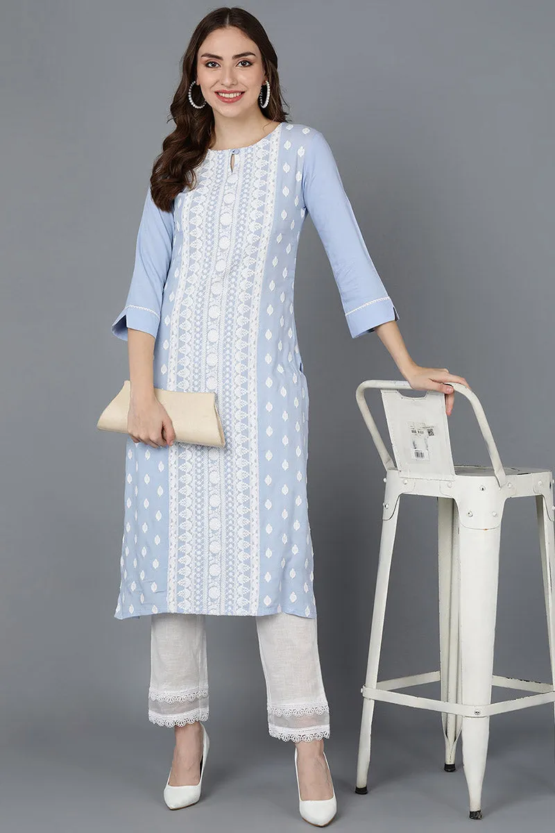 Blue Poly Silk Thread Embroidered Straight Kurti