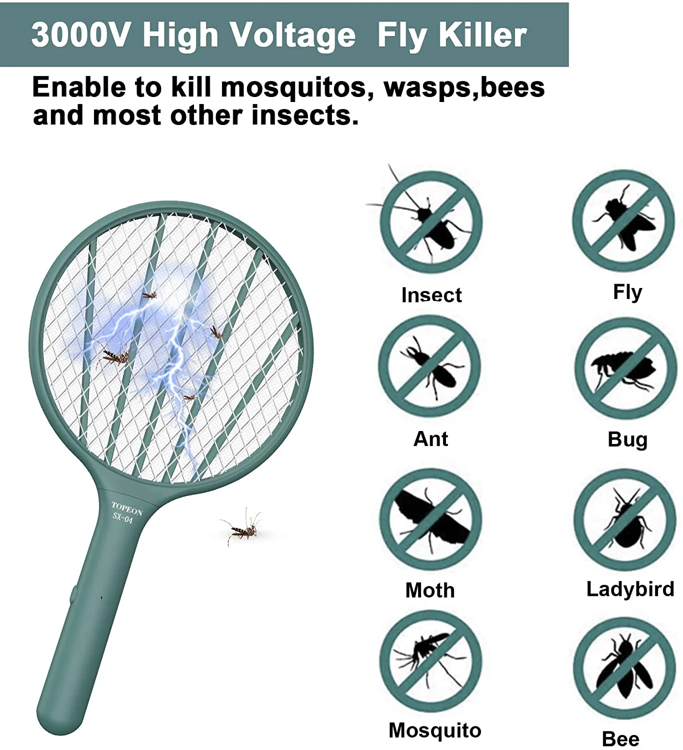 Bug Zapper Electric Fly Swatter,Handheld Mosquito Zapper Killer,3000volt Insect Fly Trap,Fly Zapper Racket for Indoor and Outdoor Pest Control (Blue)