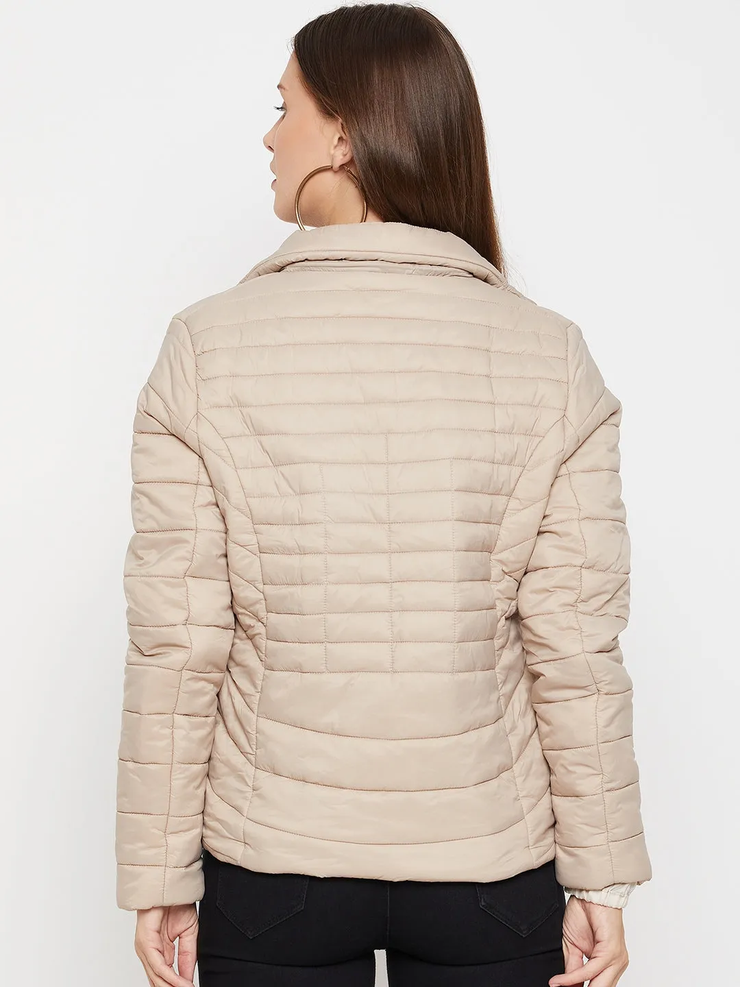 Cantabil Beige Full Sleeves Detachable Hooded Neck Puffer Casual Jacket For Women