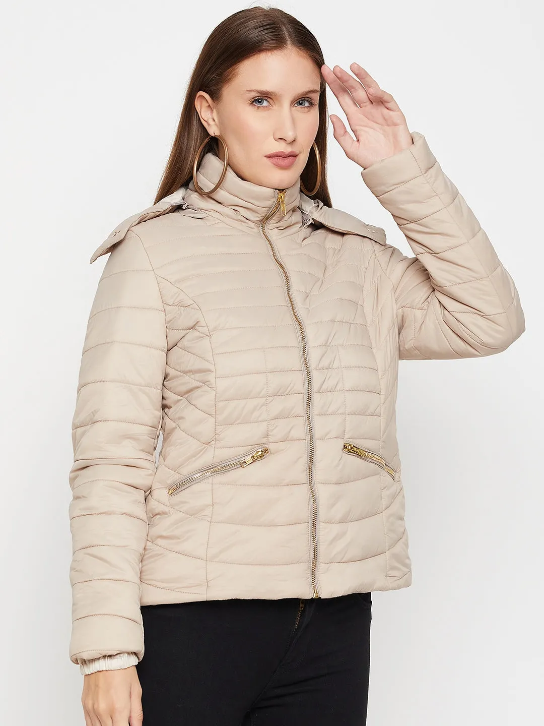 Cantabil Beige Full Sleeves Detachable Hooded Neck Puffer Casual Jacket For Women