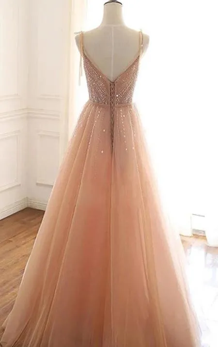 Coral Tulle A-line V-neck Lace Up Back Long Prom Dresses with Sequins, SP526