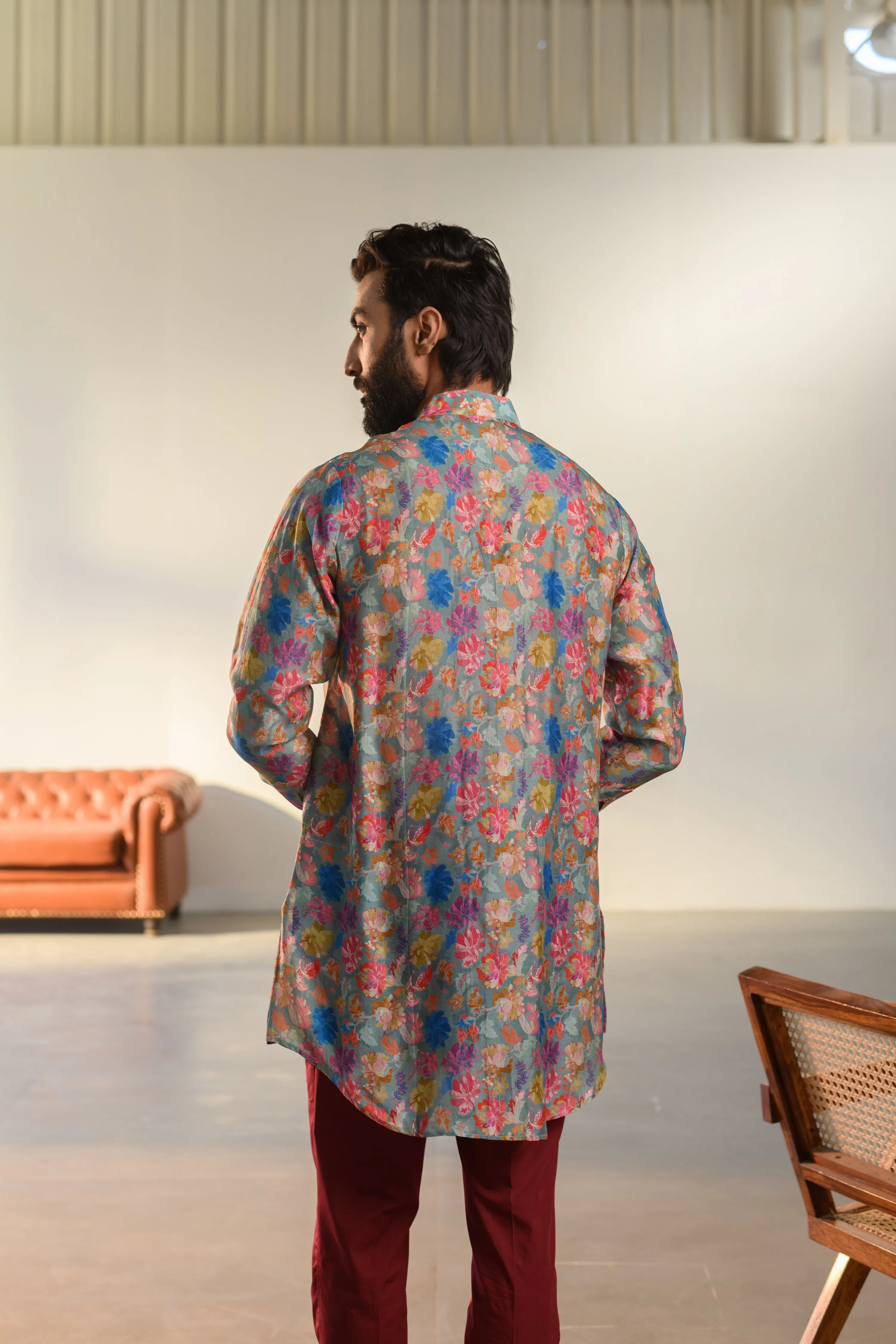 Floral Steel Grey - Russian Silk - Full Button Kurta For Men