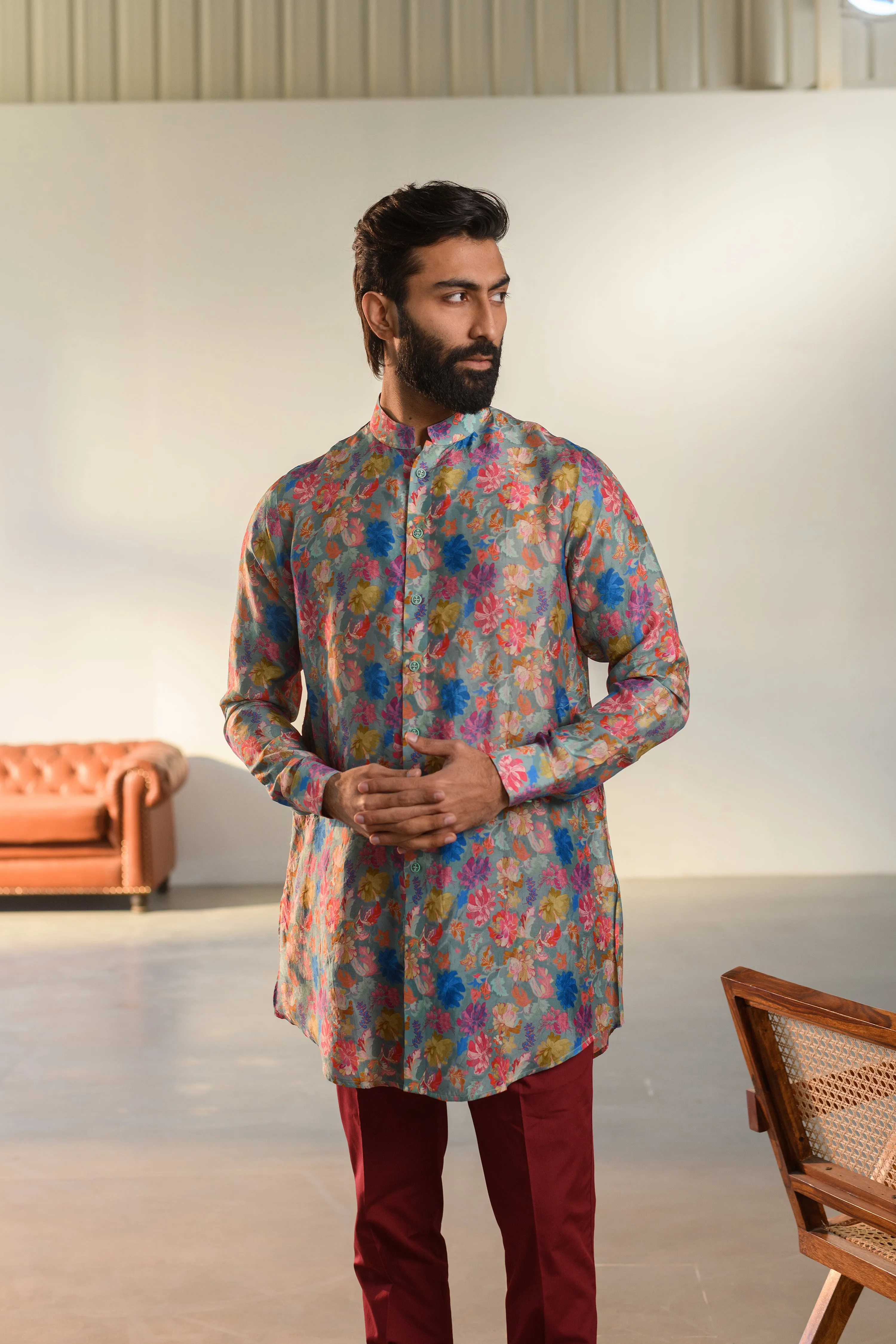 Floral Steel Grey - Russian Silk - Full Button Kurta For Men