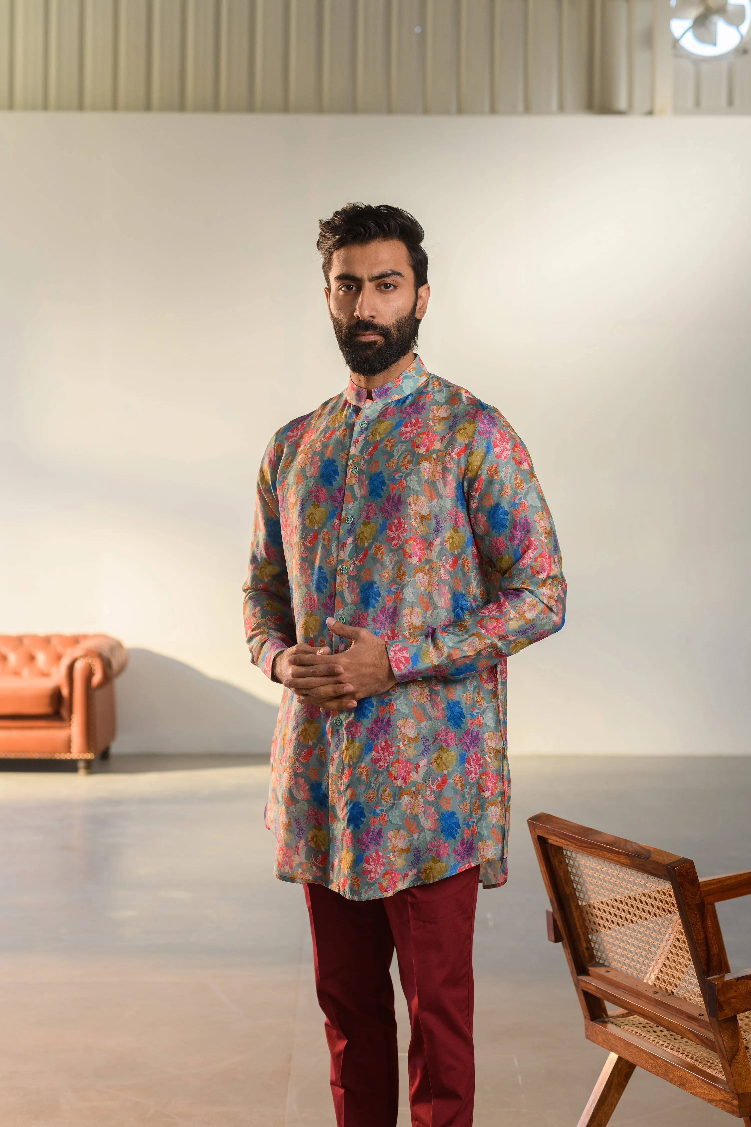 Floral Steel Grey - Russian Silk - Full Button Kurta For Men