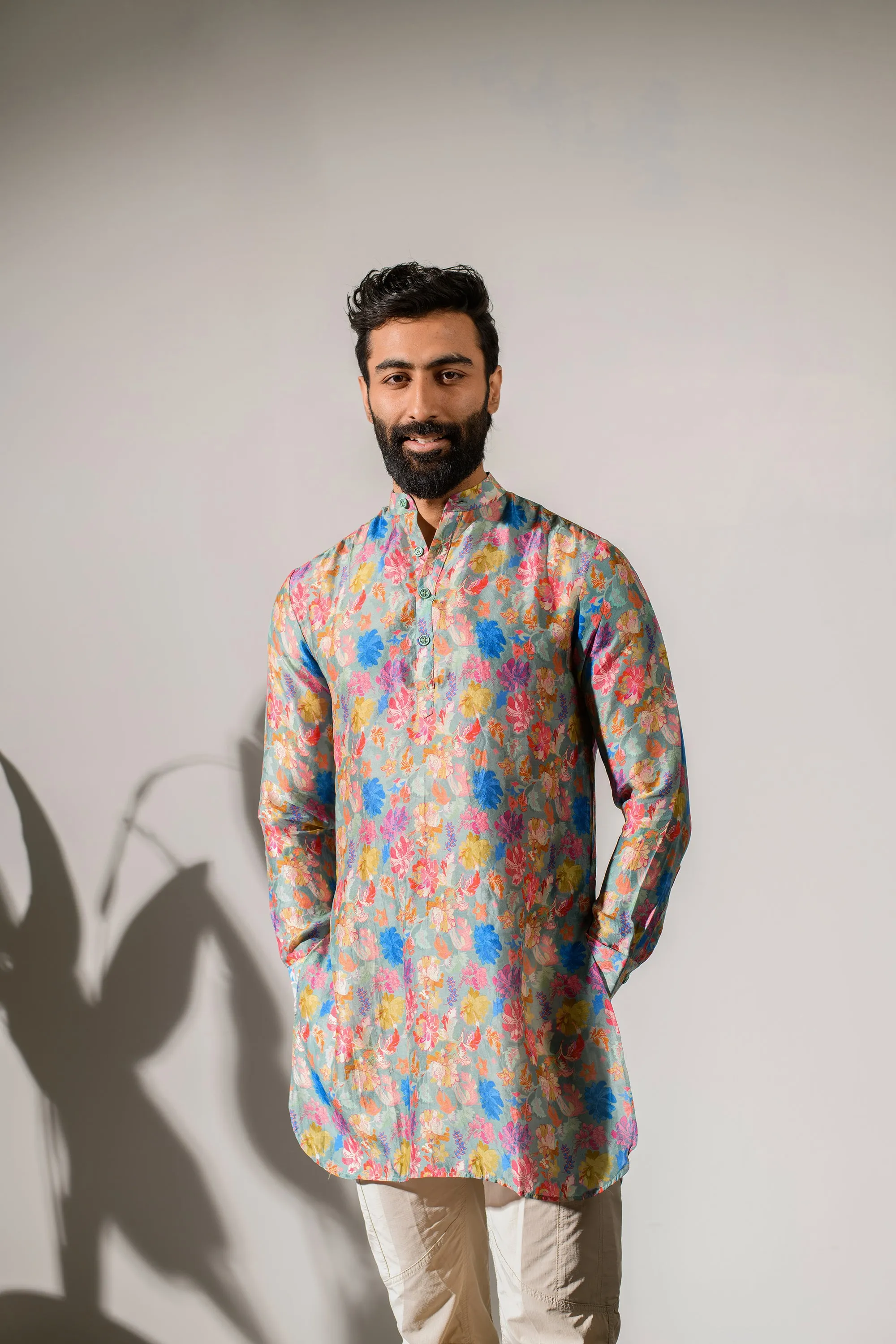 Floral Steel Grey - Russian Silk - Ganganagry Kurta For Men