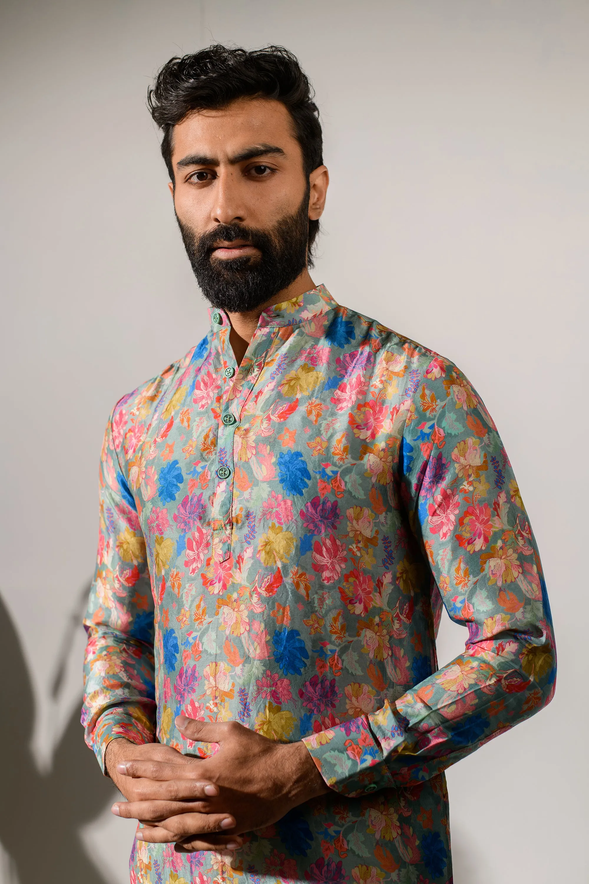 Floral Steel Grey - Russian Silk - Ganganagry Kurta For Men