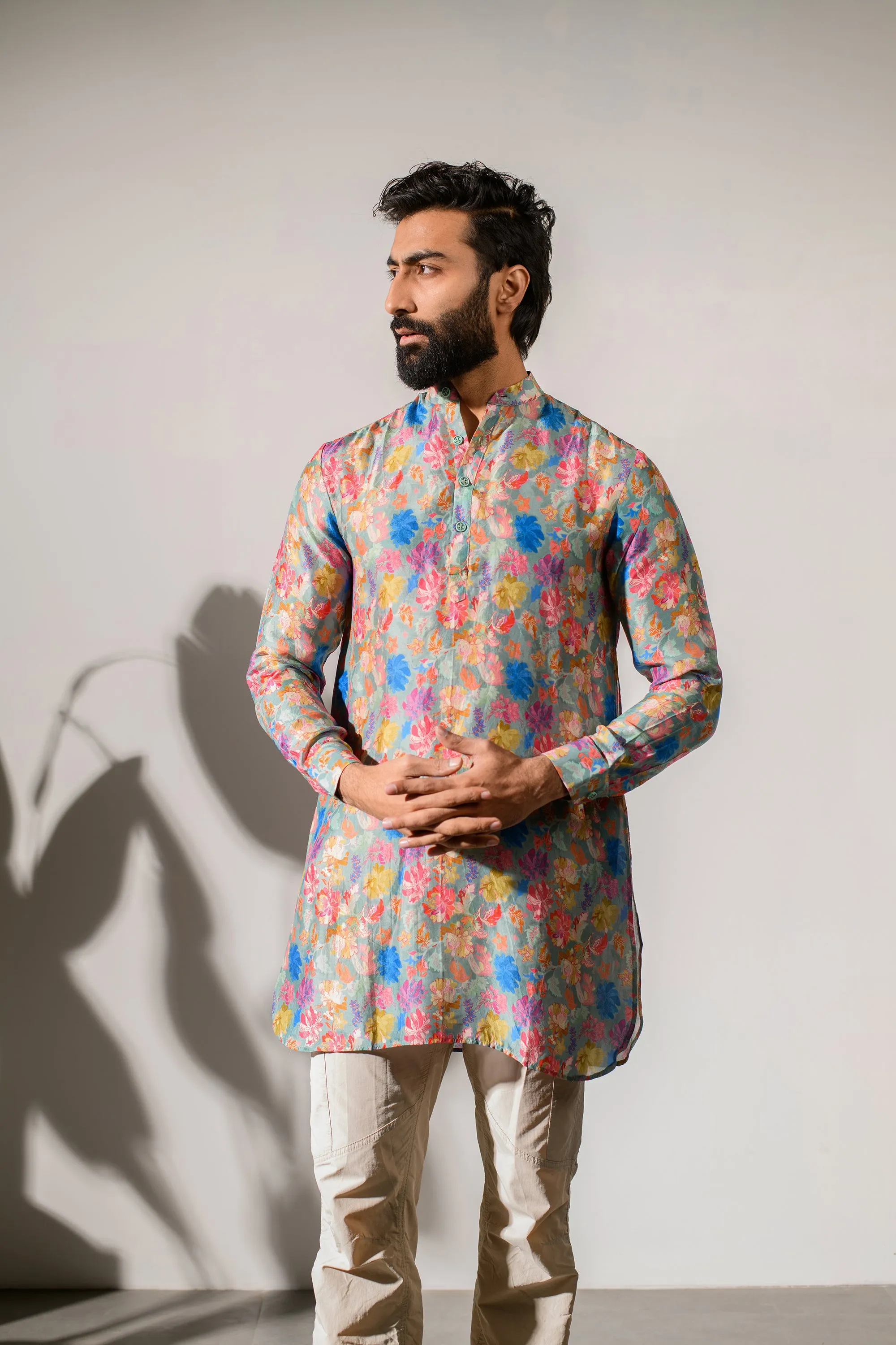 Floral Steel Grey - Russian Silk - Ganganagry Kurta For Men