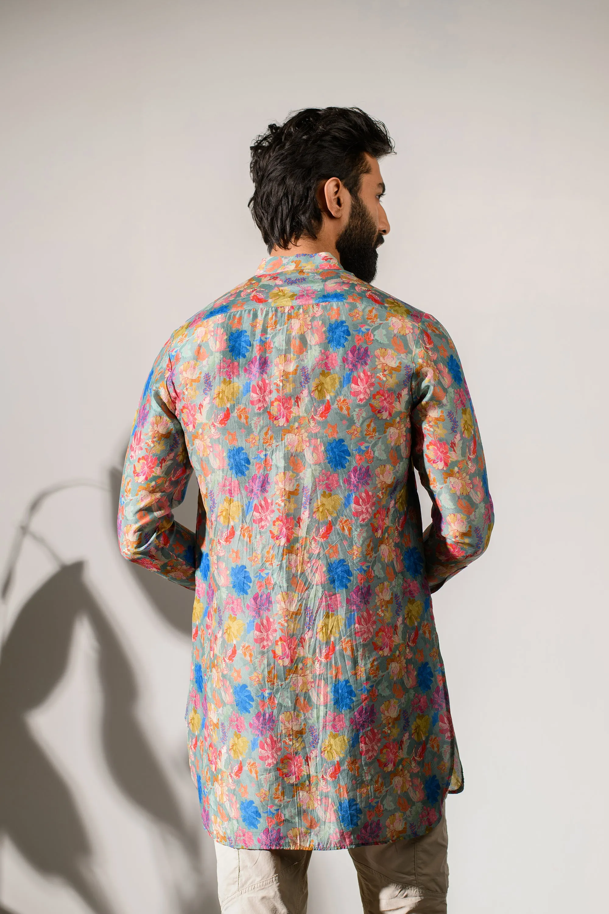 Floral Steel Grey - Russian Silk - Ganganagry Kurta For Men