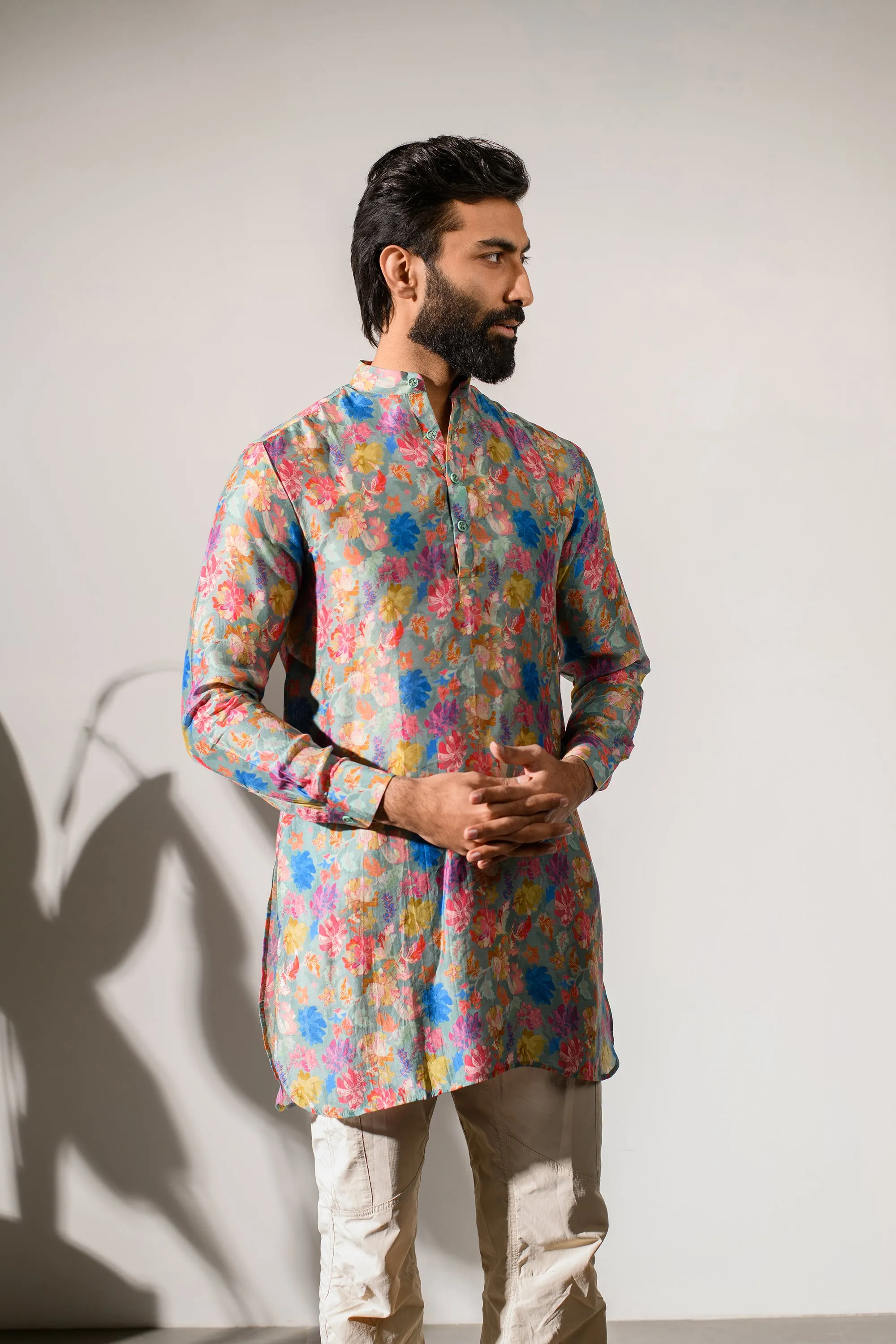 Floral Steel Grey - Russian Silk - Ganganagry Kurta For Men