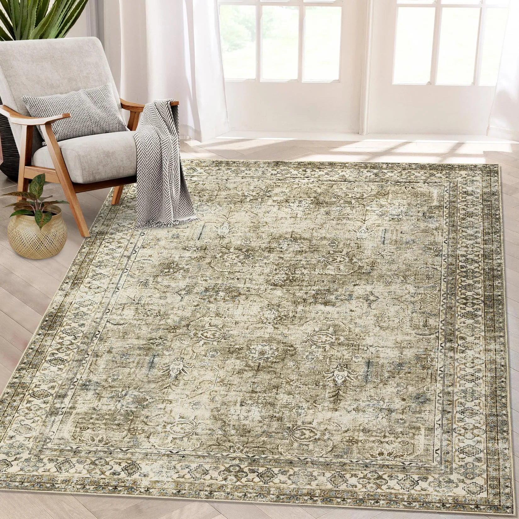 GARVEE 6x9 Rug for Living Room Washable Rugs Boho Rug for Bedroom Vintage Rug Soft Rug Non Slip Carpet Tribal Distressed Throw Rugs Stain Resistant Office Rug Classroom Rug 6'x9' Taupe