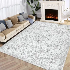 GARVEE 9x12 Area Rug for Living Room Washable Rugs Boho Rug for Bedroom Vintage Rug Non Slip Carpet Floral Throw Rugs Large Area Rug Stain Resistant Office Rug Classroom Rug 9'x12' Light Grey