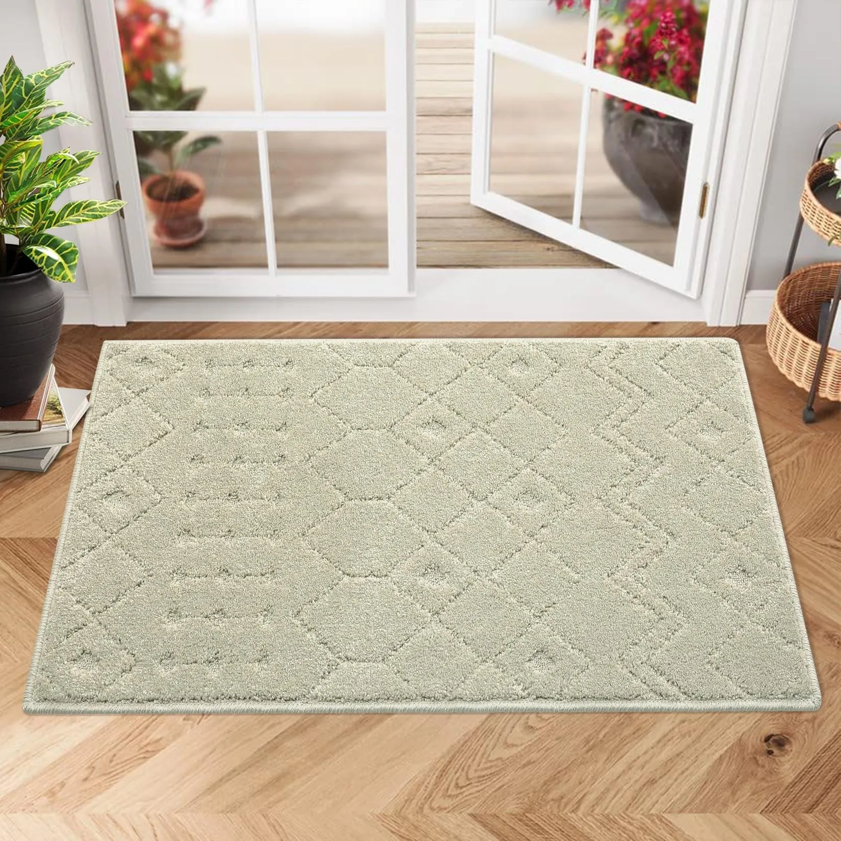 GARVEE Front Door Mat Indoor Entrance 2x3 Shag Rug High-Low Pile Moroccan Small Rugs for Bedroom Beige Rug Entry Rug Stain Resistant Throw Rugs Non Shedding Carpet for Entryway Nursery 2'x3' Beige