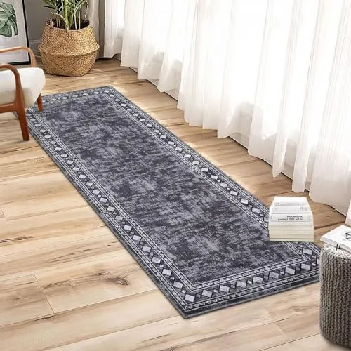 GARVEE Hallway Rug 2x8 Washable Non-Slip Kitchen Runner Rug, BordeGrey Design Soft Bathroom Rug Indoor Carpet for Entrance Bedroom Laundry Living Room, Grey