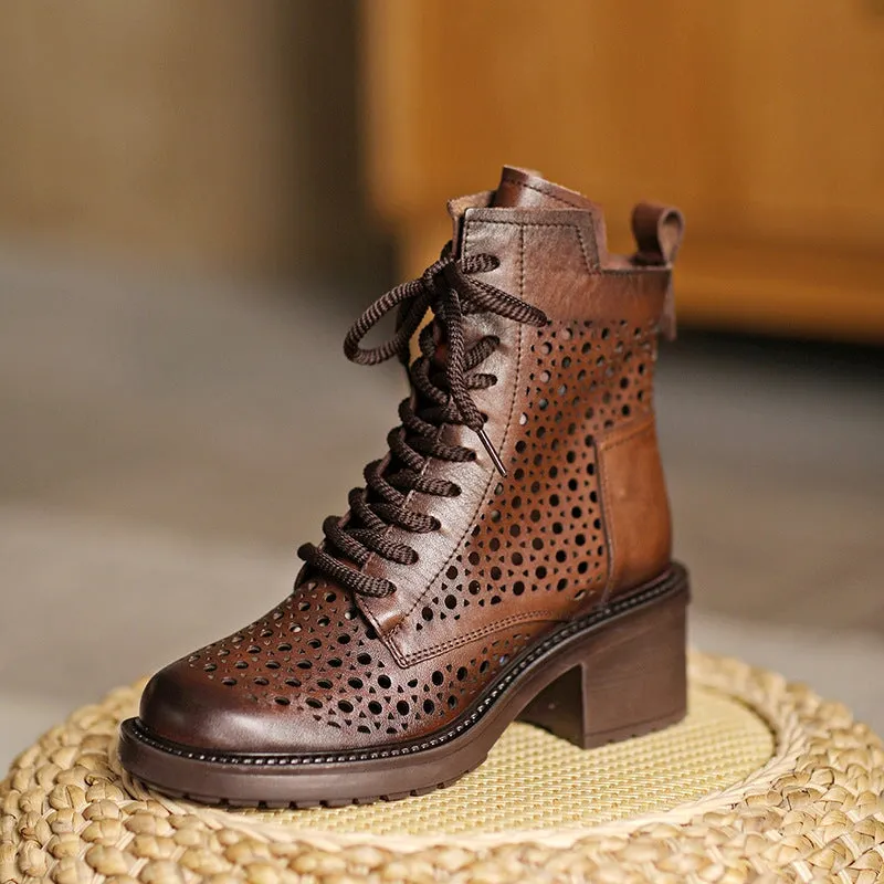 Handmade Leather 60mm Block Heel Boots for Women Lace Up Hollow Style in Brown/Black