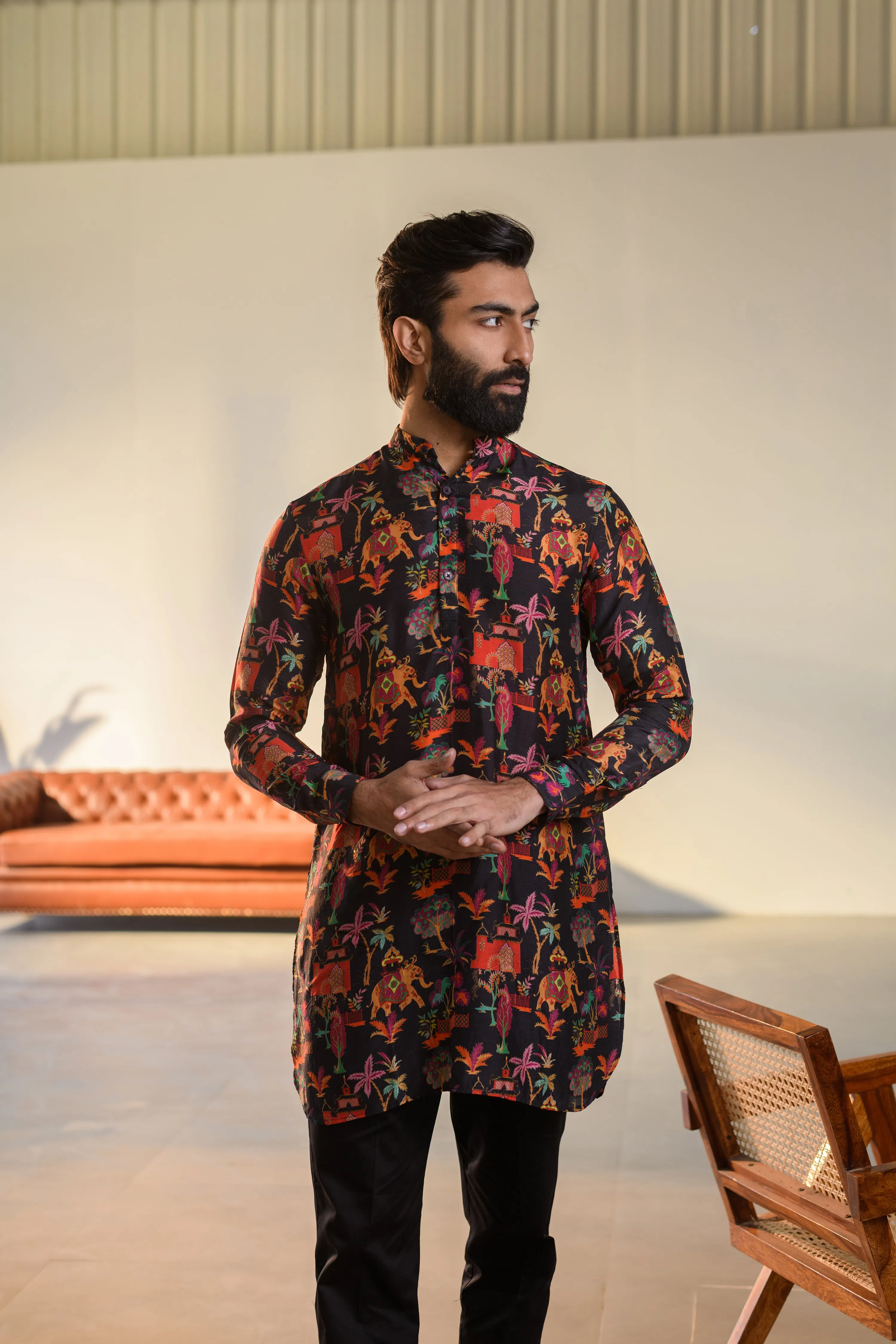 Jual Elephant Black - Russian Silk - Ganganery Kurta For Men