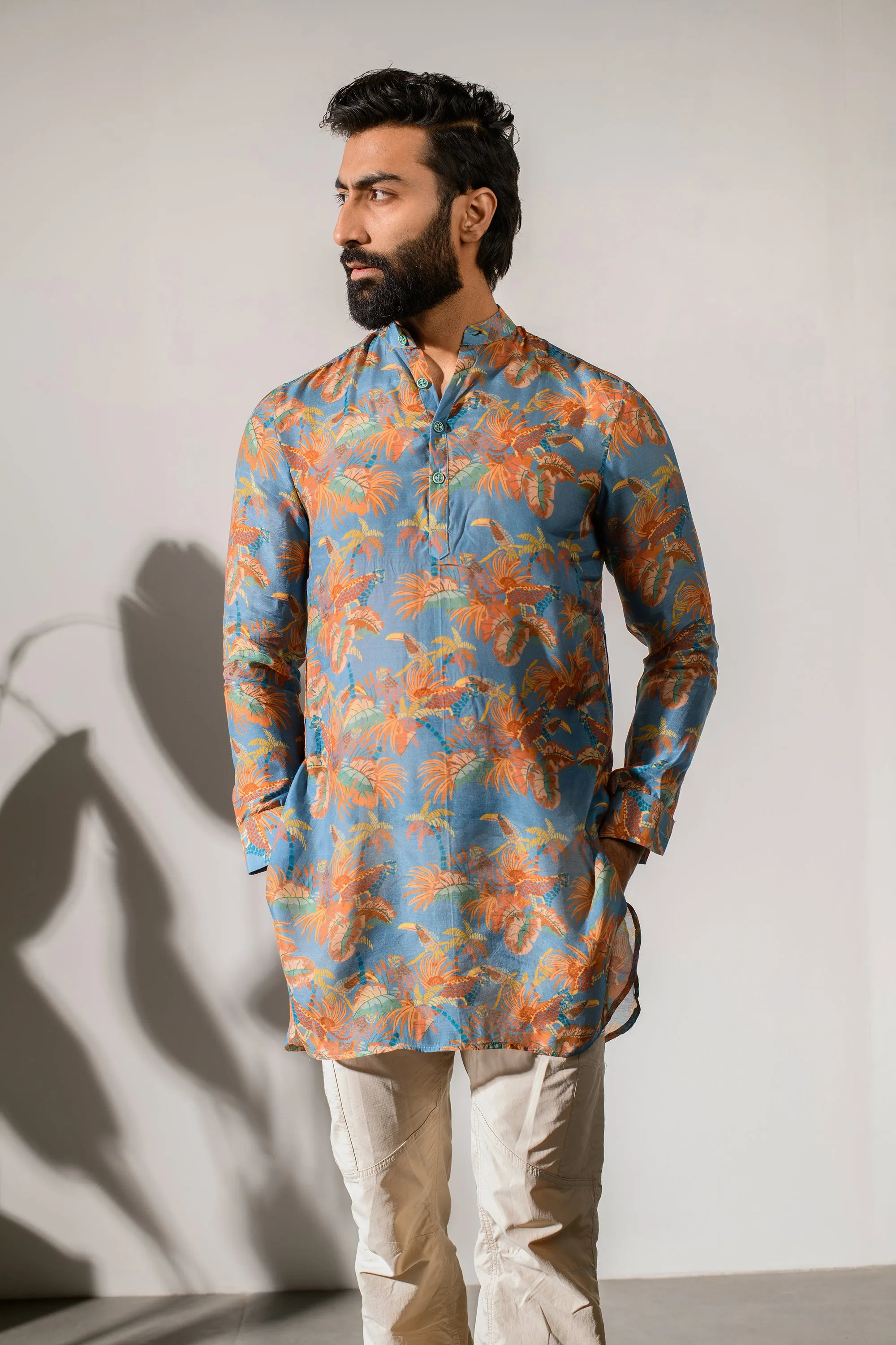 Leopard Floral Blue - Silk - Ganganagry Kurta For Men