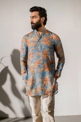 Leopard Floral Blue - Silk - Ganganagry Kurta For Men