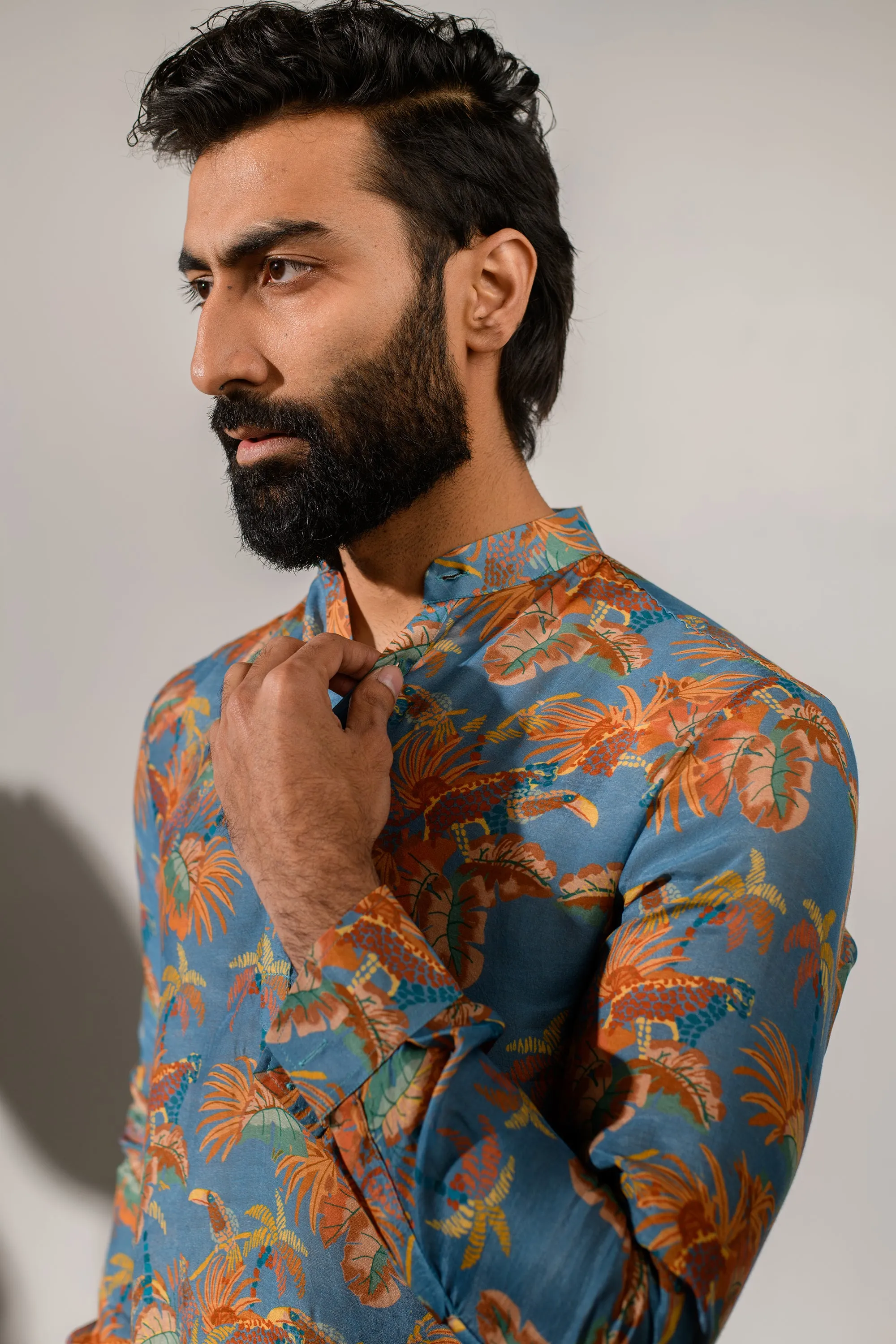 Leopard Floral Blue - Silk - Ganganagry Kurta For Men