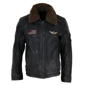 Men's Black Brown Zip Flying Aviator Jacket Fur Collar Badge Pilot