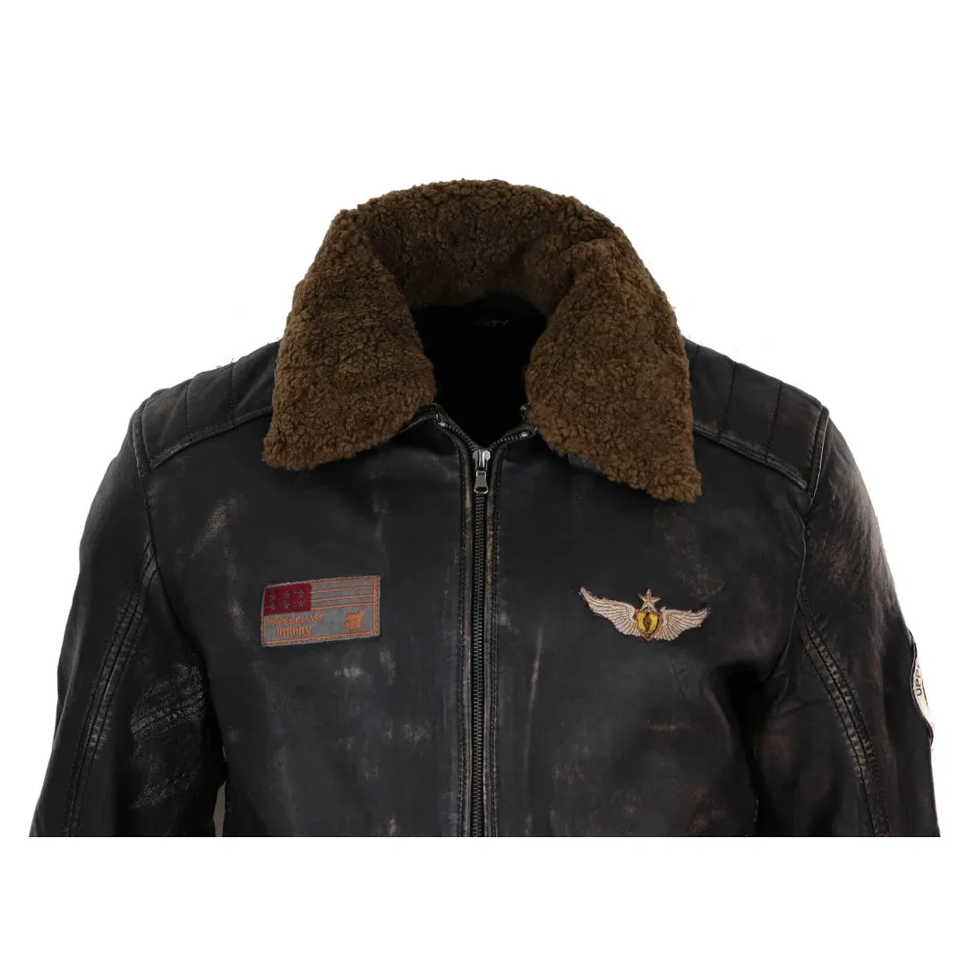 Men's Black Brown Zip Flying Aviator Jacket Fur Collar Badge Pilot