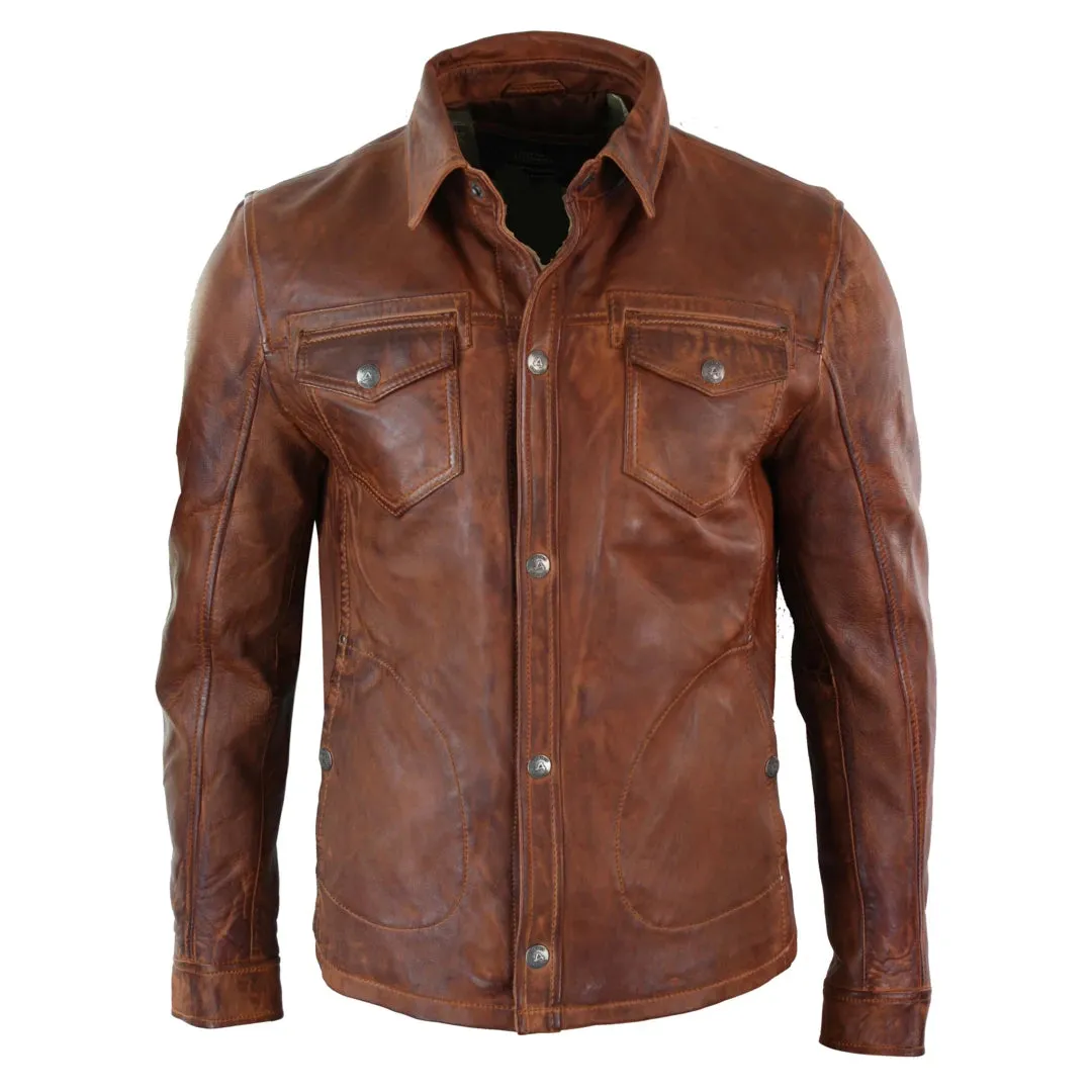 Men's Tan Timber Wine Red Washed Shirt Jacket Leather