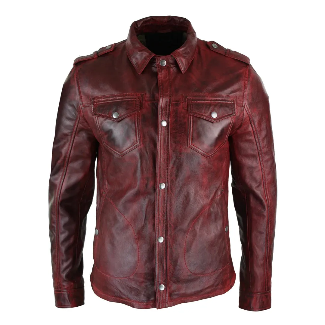 Men's Tan Timber Wine Red Washed Shirt Jacket Leather