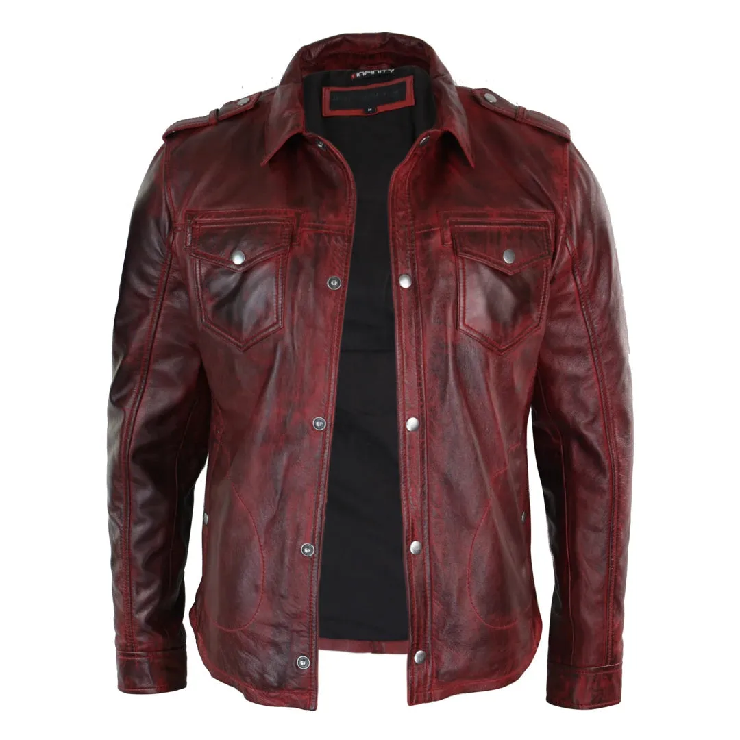 Men's Tan Timber Wine Red Washed Shirt Jacket Leather