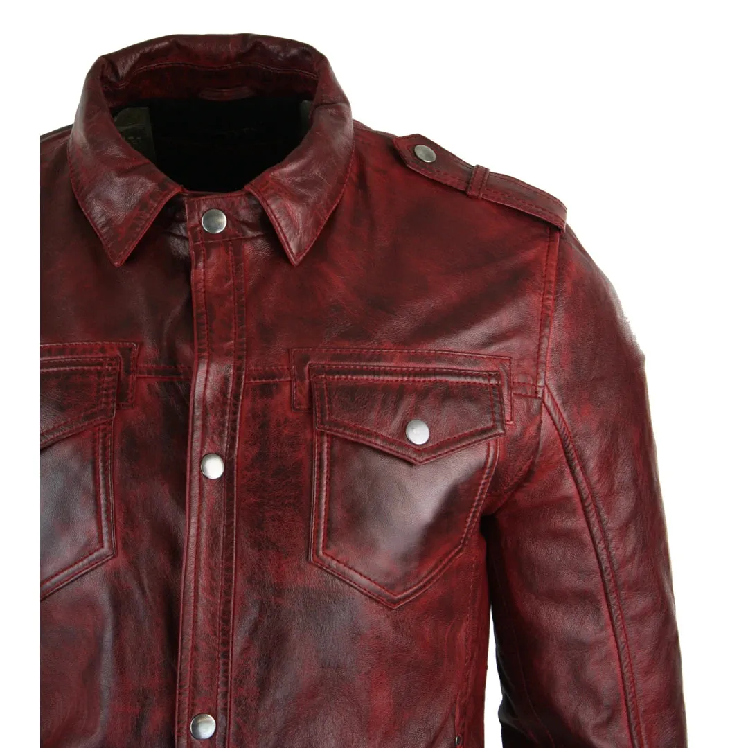 Men's Tan Timber Wine Red Washed Shirt Jacket Leather