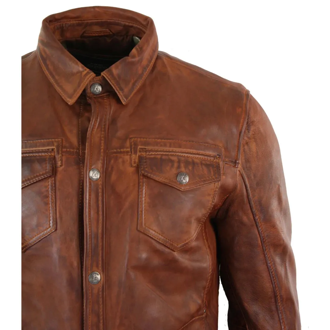 Men's Tan Timber Wine Red Washed Shirt Jacket Leather