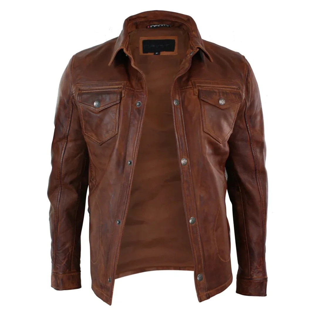 Men's Tan Timber Wine Red Washed Shirt Jacket Leather