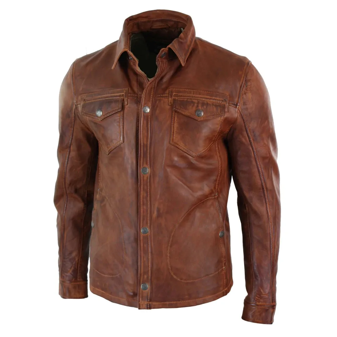 Men's Tan Timber Wine Red Washed Shirt Jacket Leather