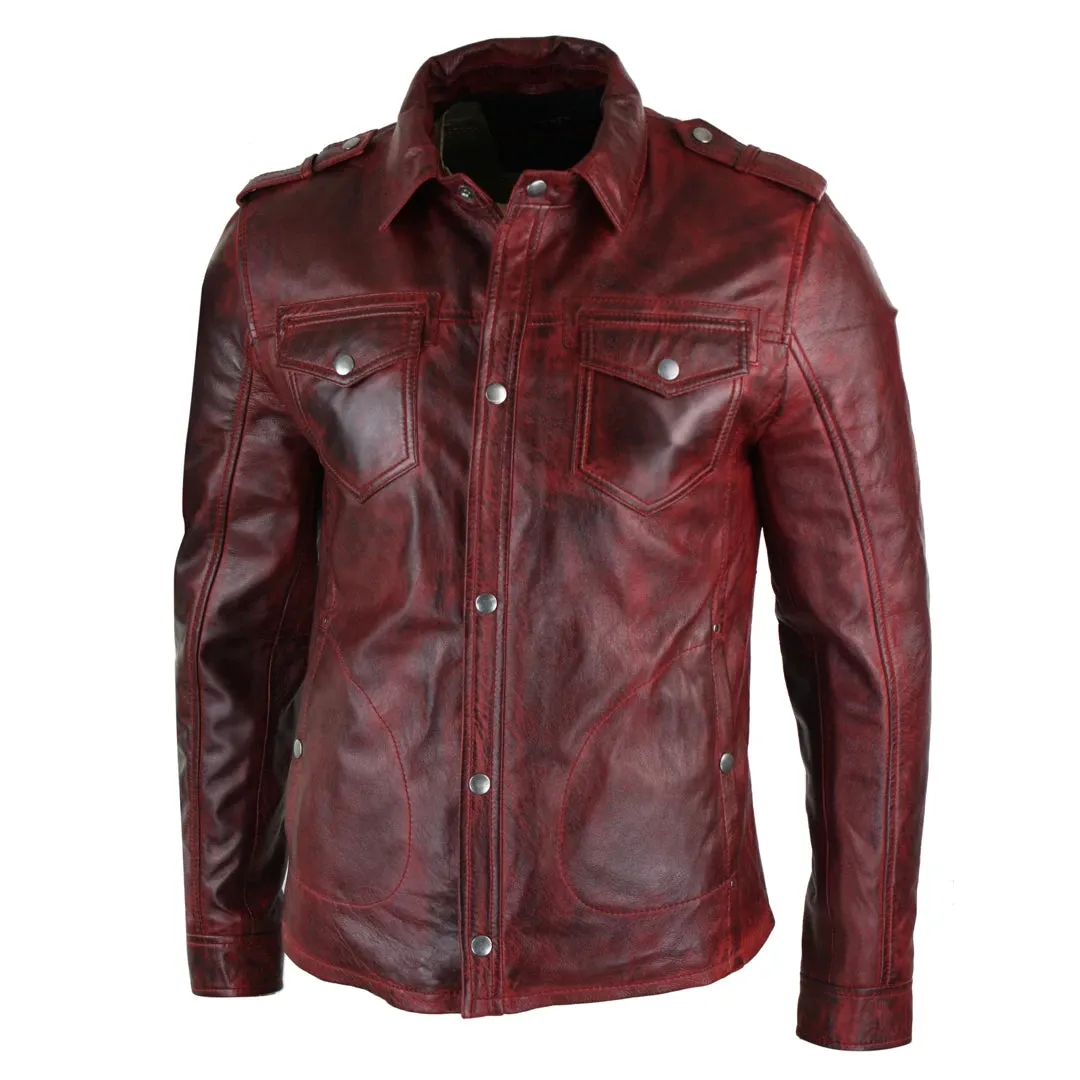 Men's Tan Timber Wine Red Washed Shirt Jacket Leather