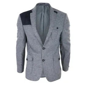 Men's Wool Tweed Jacket Hunting Blazer Elbow Patch Grey Races