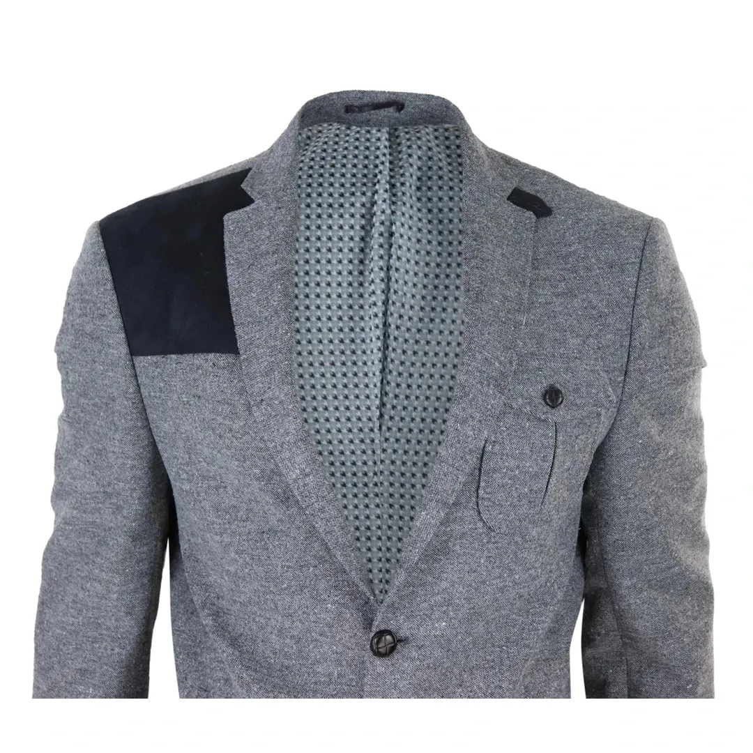 Men's Wool Tweed Jacket Hunting Blazer Elbow Patch Grey Races