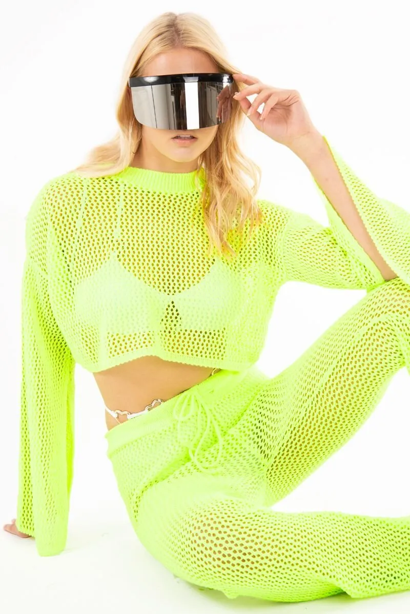 Neon Green Fishnet Crop Jumper Wide Leg Trouser Co-ord - Haddie