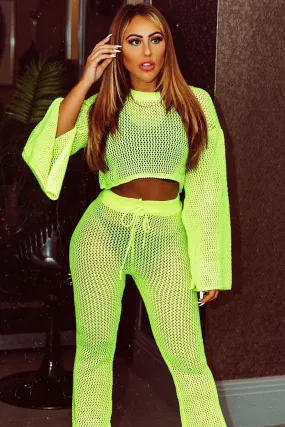 Neon Green Fishnet Crop Jumper Wide Leg Trouser Co-ord - Haddie