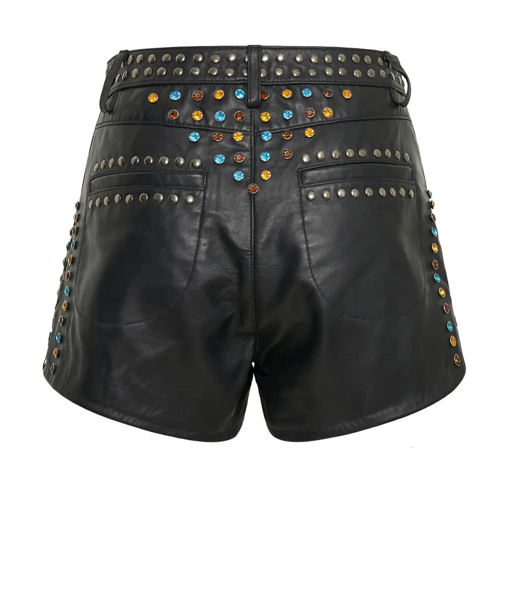 Studded Jewel High Waist Leather Shorts - Black