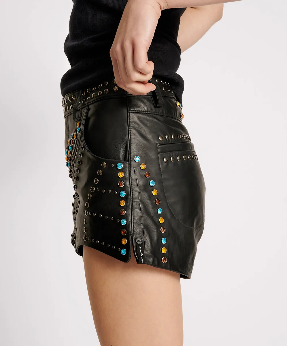 Studded Jewel High Waist Leather Shorts - Black