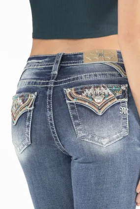 Turquoise Aztec Faux Flap Bootcut Jeans