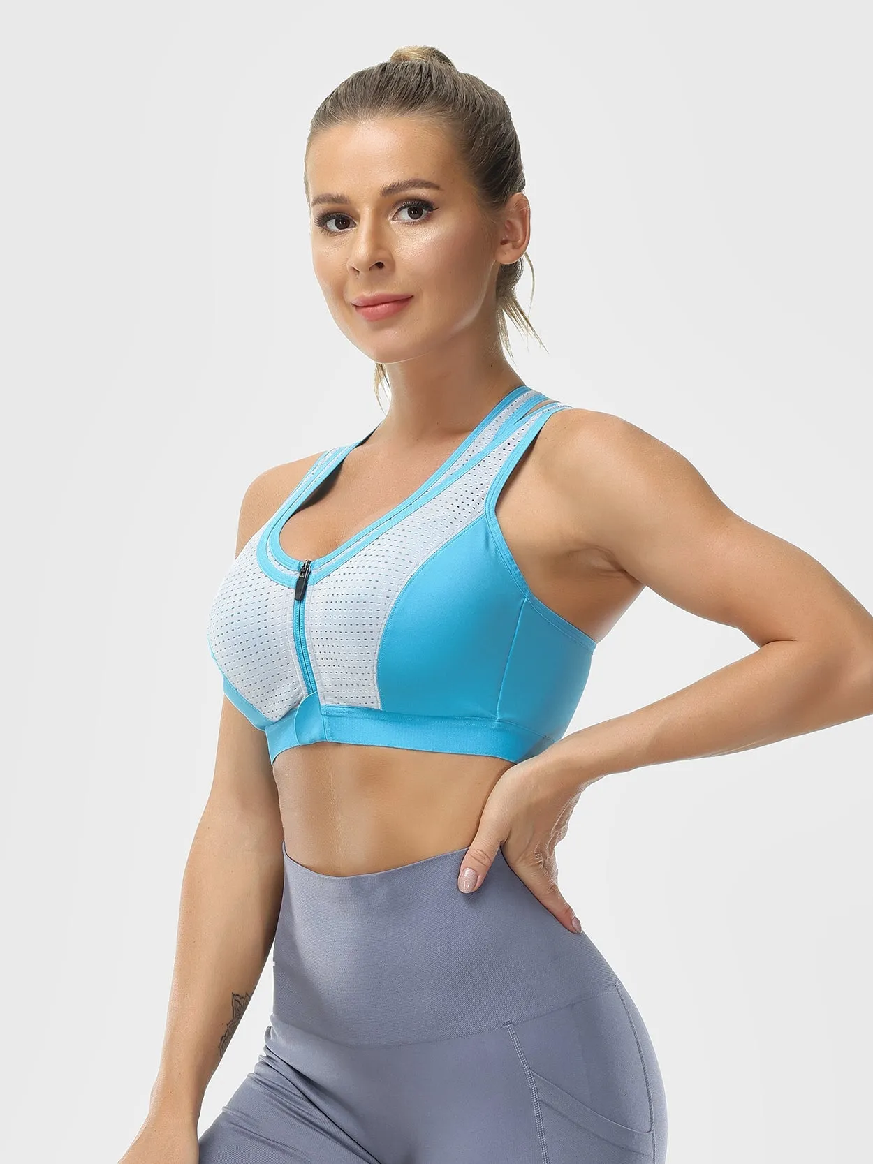 Zip Front Sports Bra High Impact Workout Bra Blue